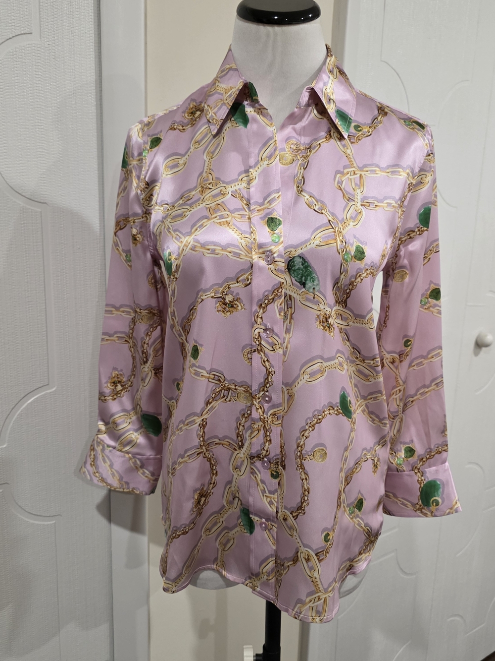 L'AGENCE Lavender Chain Print Silk Blouse with Green Accents Xxs $368